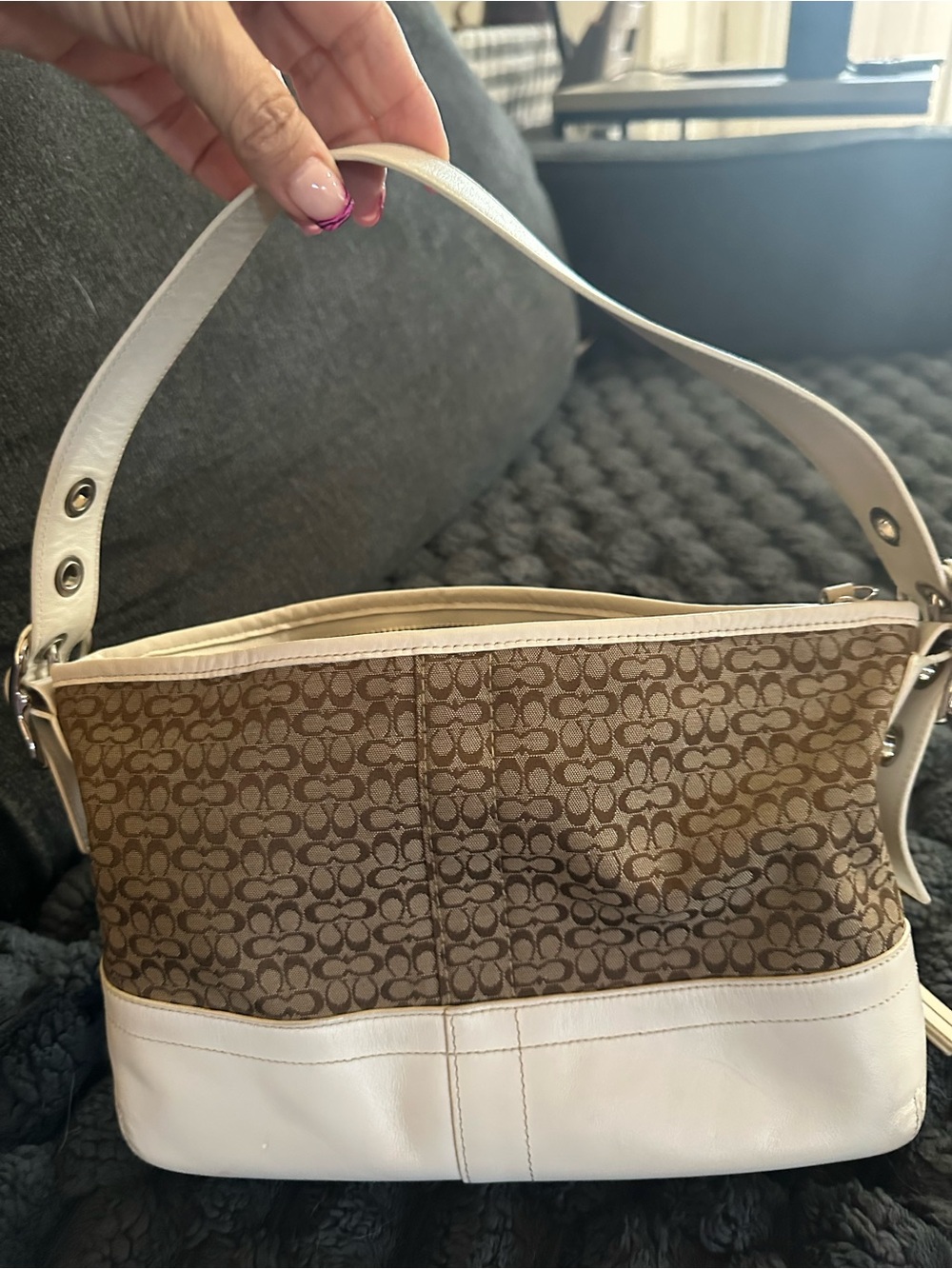 Coach Brown Signature Canvas Shoulder Bag with White Leather Trim